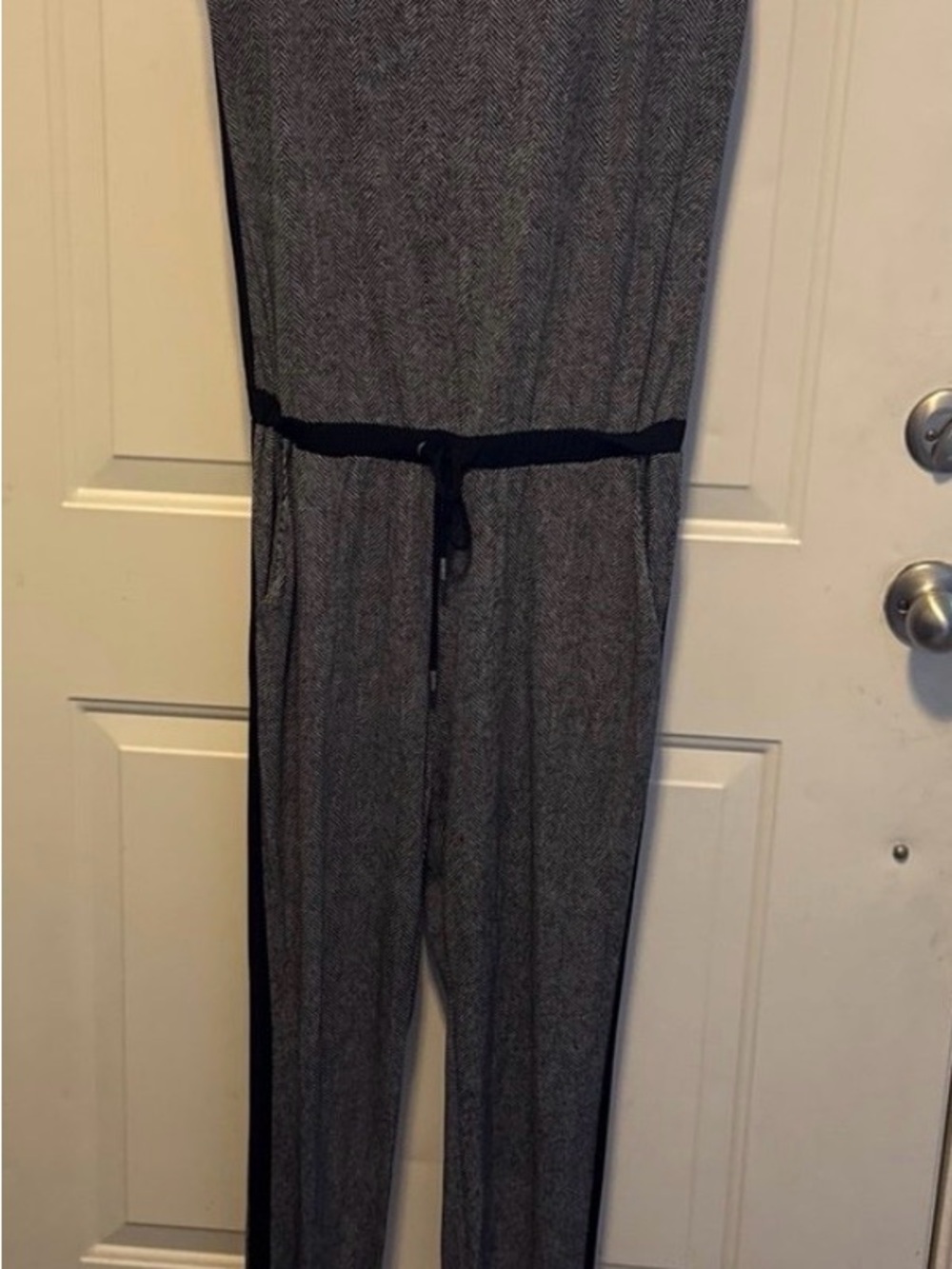 Michael Kors Gray Herringbone Jumpsuit with Black Waist Tie
